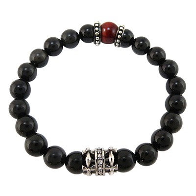 URBAN ROCKS Armband schwarzer Obsidian, weiße Zirkonia, Tigerauge Rot, 8 mm