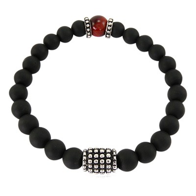 URBAN ROCKS Armband schwarze Achatsteine, drei Edelstahlelemente, Tigerauge Rot, 8 mm